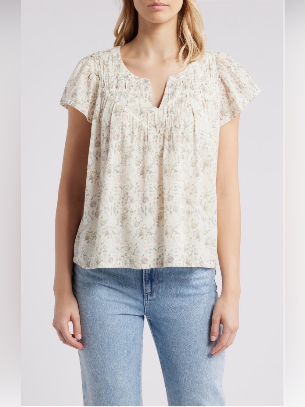 Lucky Brand Cream Floral Pintuck V-Notch Blouse with Soft Cotton Lining